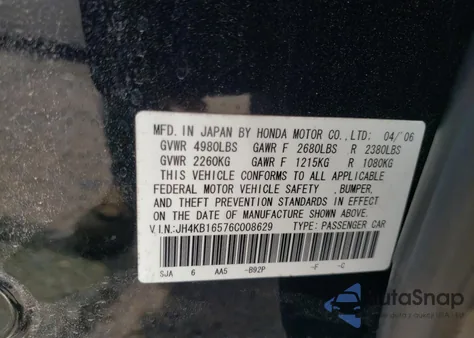 2006 Acura Rl from USA, damaged, VIN JH4KB16576C008629